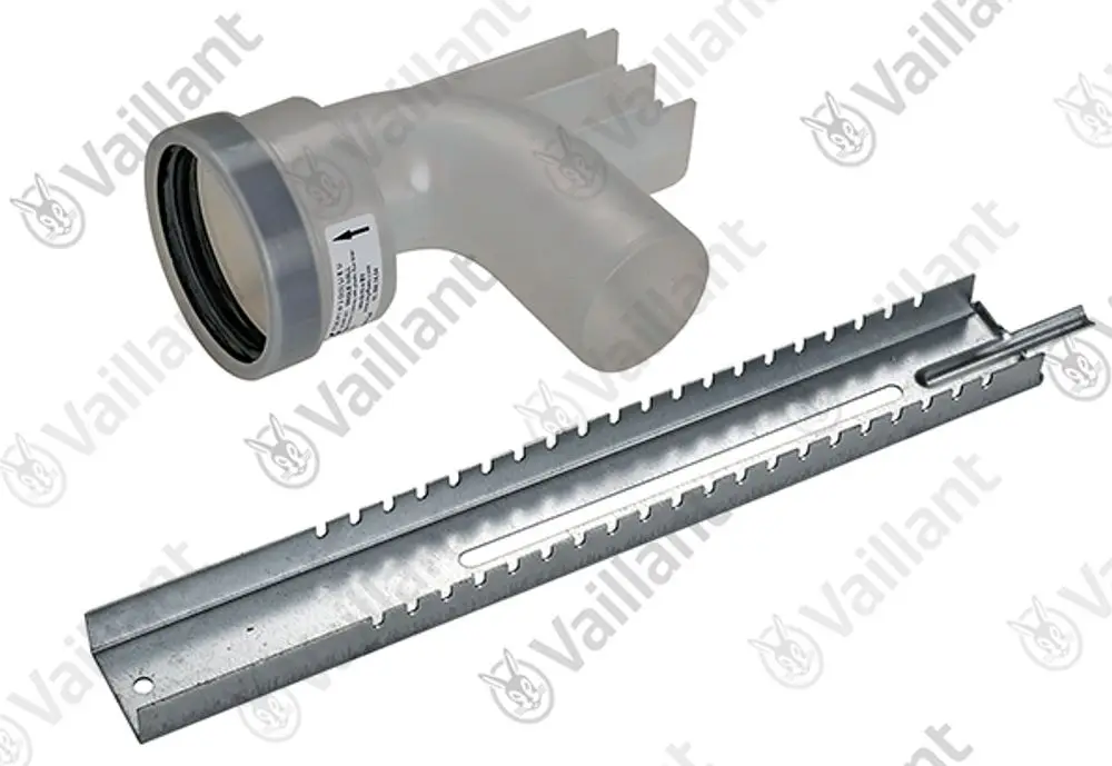 Vaillant Rohrbogen aus Kunststoff mit seitlichem Anschluss sowie ein Metallhalter. Geeignet für Rohrsysteme.